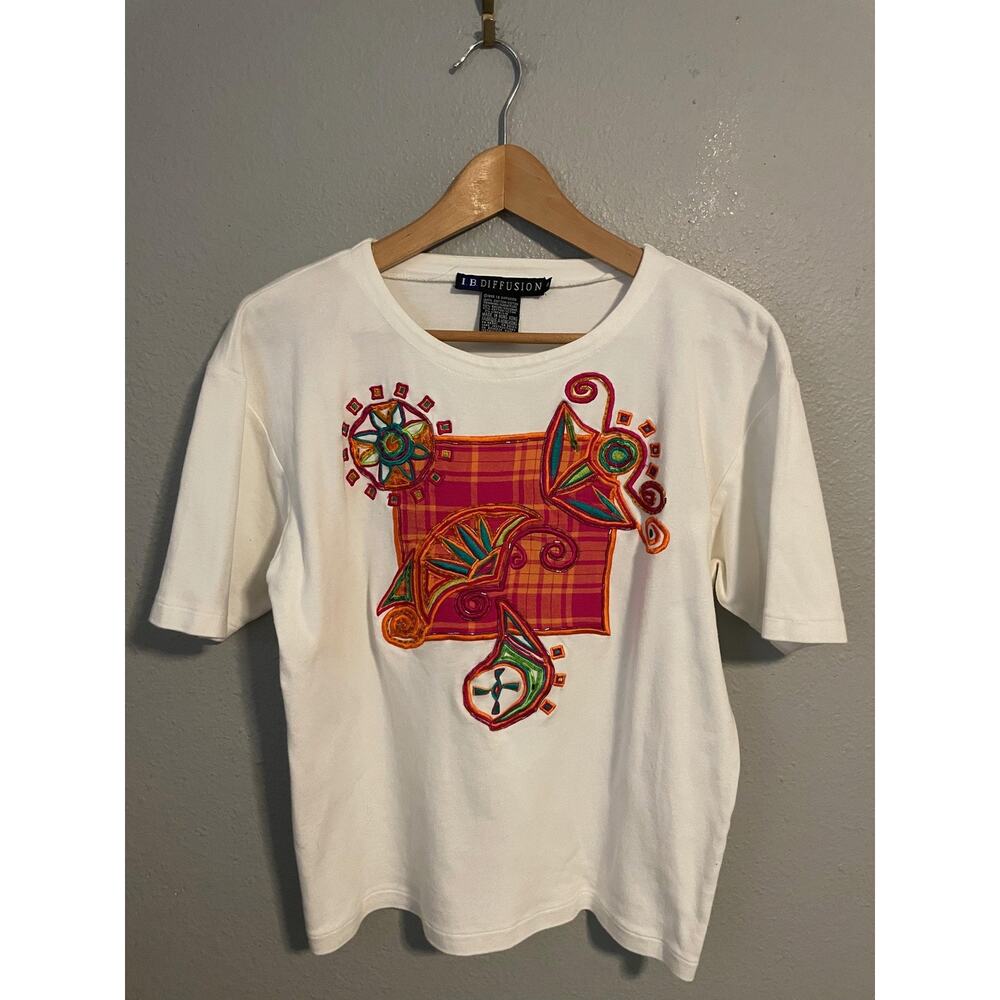 Vintage I.B. Diffusion T Shirt Women Small White Abstract Embroidered Artsy 1992